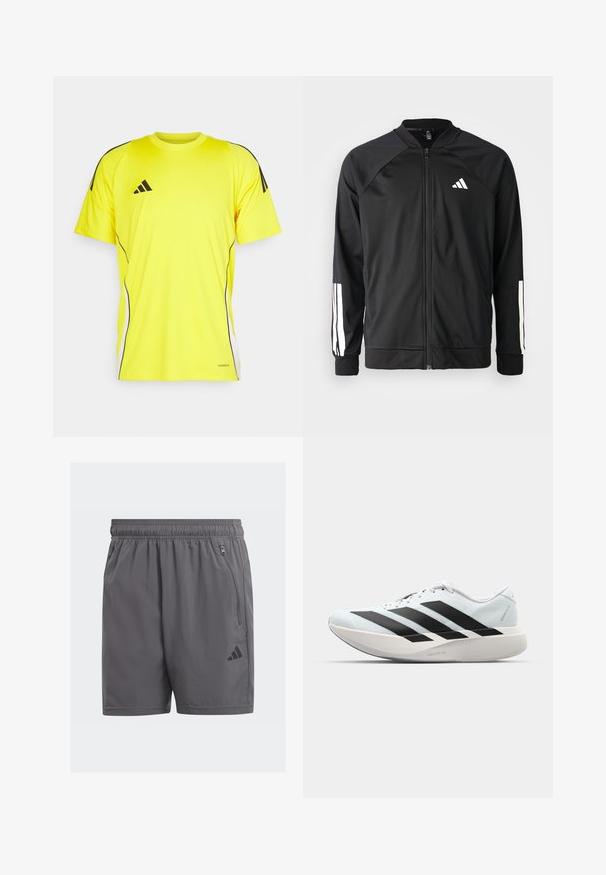 Μαύρο αθλητικό μπουφάν με μπροστινό φερμουάρ, ραγλανικά μανίκια, λευκό λογότυπο Adidas και λευκές ρίγες στα μανίκια. Λείο ύφασμα με ελαστικά μανίκια.; Κίτρινη αθλητική μπλούζα με μαύρες ρίγες και λεπτομέρειες. Φτιαγμένη από ελαφρύ υλικό, διαθέτει κοντά μανίκια και στρογγυλή λαιμόκοψη.; Γκρι αθλητικές βερμούδες με ελαστική μέση, πλαϊνές τσέπες με φερμουάρ και μια μαύρη λεπτομέρεια λογότυπου. Ελαφριές, με απαλό ύφασμα και μήκος μέχρι το γόνατο.; Ελαφριά αθλητικά παπούτσια τρεξίματος σε ανοιχτό μπλε με μαύρες ρίγες. Διαθέτουν λείο άνω μέρος, στρογγυλή μύτη και παχύ λευκό ενδιάμεσο πέλμα που φέρει την ετικέτα "LIGHTSTRIKE PRO."