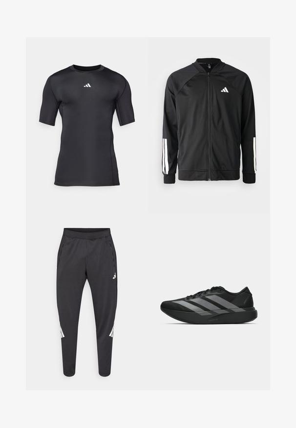 Svart sportjacka med framdraget blixtlås, raglanärmar, vitt Adidas-logotyp och vita ränder på ärmarna. Slät tyg med elastiska mudd.; Svart atletisk kortärmad tröja gjord av slätt, töjbart tyg. Har en vit logotyp på bröstet och platta sömmar för komfort.; Svarta sportbyxor med avsmalnande ben, elastisk midja, sidofickor samt vitt logotyp- och randdetalj. Tillverkade av ett mjukt, lätt material.; Svarta träningsskor med en lätt design, som har tre framträdande grå ränder, en slät yta och en formad sula.