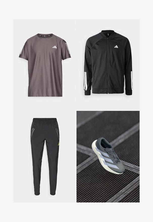 Chaqueta deportiva negra con cremallera frontal, mangas raglán, logo de Adidas en blanco y rayas blancas en las mangas. Tejido suave con puños elásticos.; adidas Performance OTR B - Camiseta deportiva - charcoal; adidas Performance REAL MADRID TIRO25 PRO VIS TECH TRAVEL PANT - Equipación de clubes - black/lucid lemon; Zapatilla deportiva en gris y blanco, hecha de material sintético, con un diseño aerodinámico, acabado texturizado y un sistema de cordones prominente.