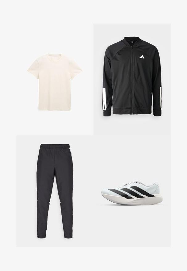 Chaqueta deportiva negra con cremallera frontal, mangas raglán, logo de Adidas en blanco y rayas blancas en las mangas. Tejido suave con puños elásticos.; Camiseta de algodón color crema con mangas cortas, un escote redondo y una tela ligeramente texturizada. Sin patrones ni gráficos visibles.; Pantalones deportivos negros con cintura elástica, piernas ajustadas y acentos laterales blancos. Hechos de material sintético con textura suave.; Zapatillas de running ligeras en azul pálido con rayas negras. Presentan una parte superior suave, puntera redonda y una gruesa mediasuela blanca etiquetada como "LIGHTSTRIKE PRO".