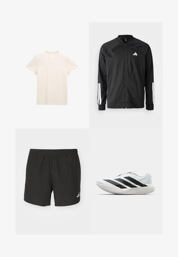 Chaqueta deportiva negra con cremallera frontal, mangas raglán, logo de Adidas en blanco y rayas blancas en las mangas. Tejido suave con puños elásticos.; Camiseta de algodón color crema con mangas cortas, un escote redondo y una tela ligeramente texturizada. Sin patrones ni gráficos visibles.; Pantalones cortos deportivos negros con cintura elástica, aberturas laterales y acentos de logo reflectantes. Hechos de una tela liviana y suave.; Zapatillas de running ligeras en azul pálido con rayas negras. Presentan una parte superior suave, puntera redonda y una gruesa mediasuela blanca etiquetada como "LIGHTSTRIKE PRO".