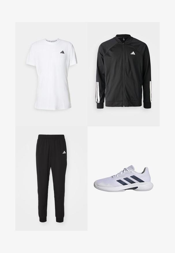 Chaqueta deportiva negra con cremallera frontal, mangas raglán, logo de Adidas en blanco y rayas blancas en las mangas. Tejido suave con puños elásticos.; Camiseta de algodón blanca de manga corta, con un acabado texturizado y un logotipo negro con tres franjas en el lado izquierdo del pecho. Cuello redondo.; Pantalones deportivos negros con una cinturilla elástica, tobillos ajustados y el logo de Adidas en blanco en el muslo izquierdo. Fabricados con un tejido ligero y suave.; Zapatilla deportiva blanca con parte superior de malla transpirable, diseño de tres rayas en azul marino, suela texturizada y punta redondeada para mayor estabilidad.