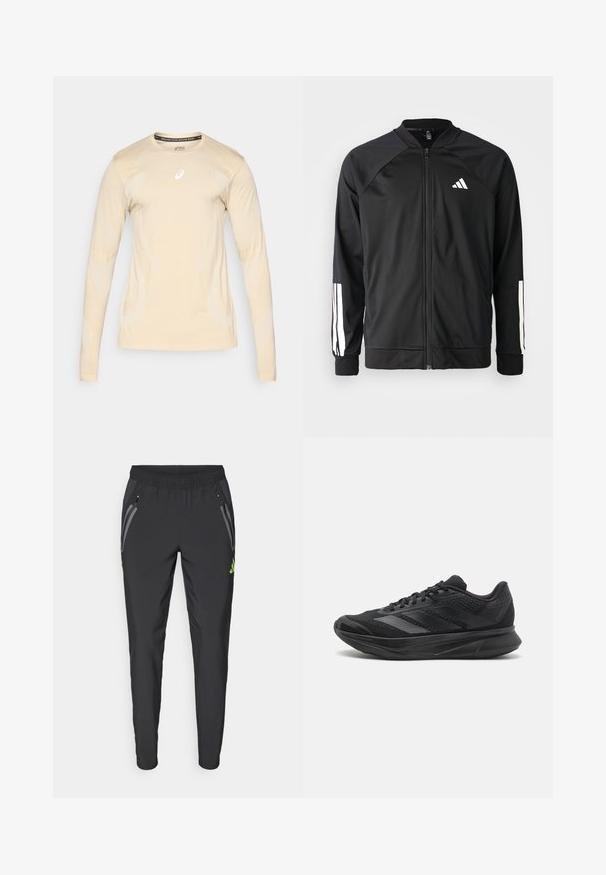 Black athletic jacket with a front zipper, raglan sleeves, white Adidas logo, and white stripes on sleeves. Smooth fabric with elastic cuffs.; ASICS ROAD SEAMLESS TOP - Long sleeved top - cream; adidas Performance REAL MADRID TIRO25 PRO VIS TECH TRAVEL PANT - Club wear - black/lucid lemon; Black athletic shoe with mesh and synthetic materials, streamlined design, curved sole, and textured detailing on the upper.