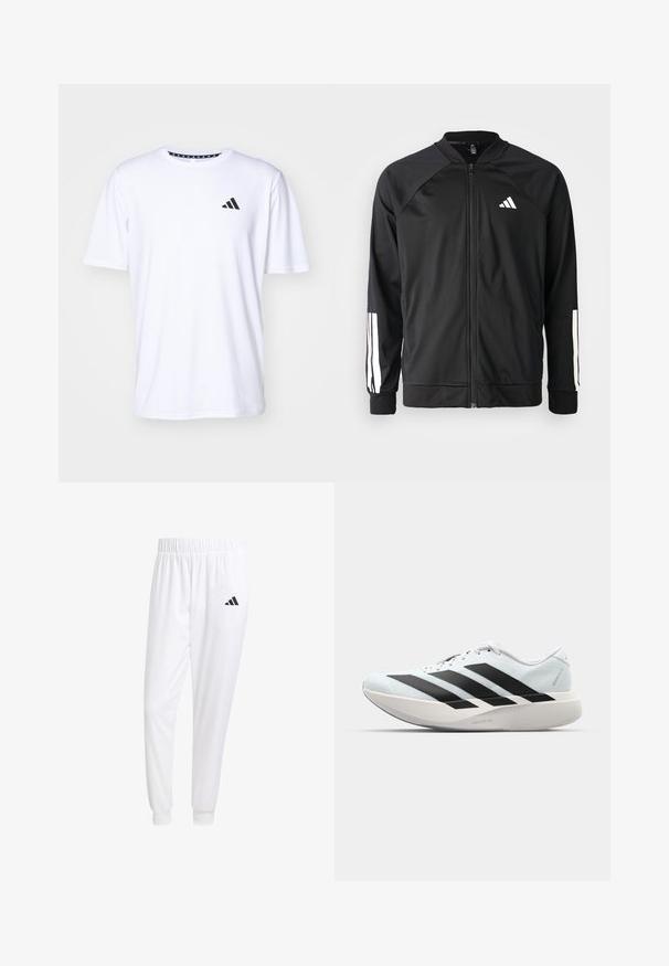 Casaco atlético preto com fecho na frente, mangas raglan, logotipo Adidas branco e riscas brancas nas mangas. Tecido suave com punhos elásticos.; T-shirt branco de mangas curtas feito de um tecido com uma textura suave. Apresenta um logótipo preto da adidas no lado esquerdo do peito e uma gola estampada.; Calças esportivas brancas feitas de tecido suave, com uma cintura elástica e punhos ajustados, apresentando um logo preto no bolso de trás.; Tênis de corrida leves em azul pálido com riscas pretas. Apresentam um cabedal liso, bico redondo e uma entressola espessa branca rotulada como "LIGHTSTRIKE PRO."