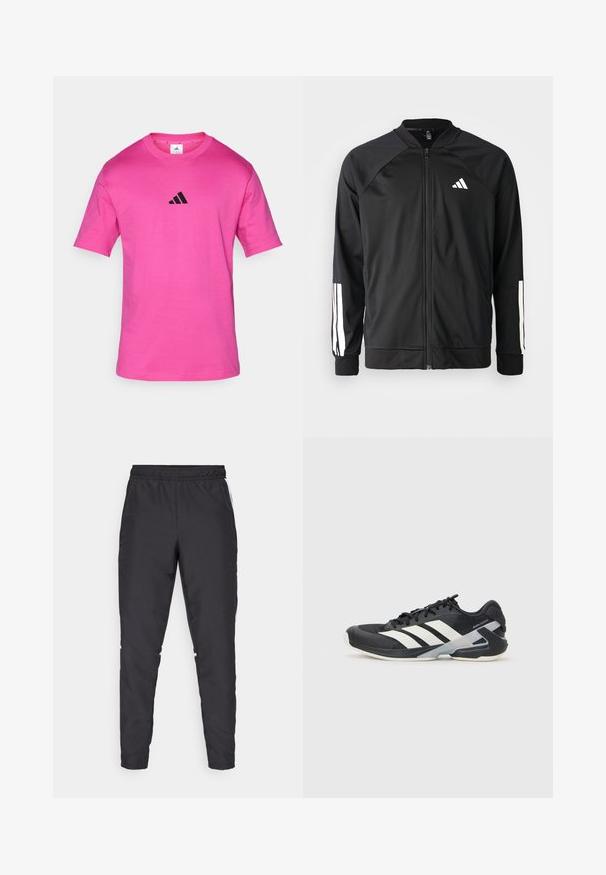 Musta urheilujakku, jossa on vetoketju edessä, raglan-hihat, valkoinen Adidas-logo ja valkoiset raidat hihoissa. Sujuva kangas ja joustavat hihansuut.; Vaaleanpunainen puuvillapaita lyhyillä hihoilla, pyöreällä kaula-aukolla ja pienellä mustalla Adidas-trefoil-logolla rinnassa. Sileä pinta, rento muotoilu.; Mustat urheiluhousut, joissa on joustava vyötärö, kapenevat lahkeet ja valkoiset sivuakkentit. Valmistettu synteettisestä materiaalista, jossa on sileä tekstuuri.; Mustat urheilukengät valkoisilla raidoilla, verkkomateriaalia ylhäällä, pyöristetty kärki ja pehmustettu pohja. Varustettu teksturoidulla kantapäällä ja turvallisella nauhoitusjärjestelmällä.