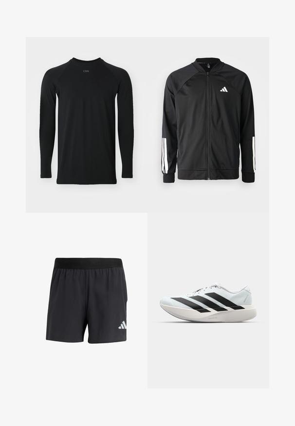 Black athletic jacket with a front zipper, raglan sleeves, white Adidas logo, and white stripes on sleeves. Smooth fabric with elastic cuffs.; Black long-sleeve shirt with a round neck, made of smooth, durable fabric; features raglan sleeves and subtle tonal branding at the neckline.; Black athletic shorts with an elastic waistband, featuring a smooth texture and a reflective white logo on the lower left side.; Lightweight running shoes in pale blue with black stripes. Features a smooth upper, round toe, and thick white midsole labeled "LIGHTSTRIKE PRO."