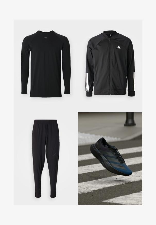 Casaco atlético preto com fecho na frente, mangas raglan, logotipo Adidas branco e riscas brancas nas mangas. Tecido suave com punhos elásticos.; Camisa preta de manga longa com gola redonda, feita de um tecido liso e durável; apresenta mangas raglan e uma discreta marcação tonal na gola.; Calças atléticas pretas com um cós elástico, design afunilado, bolsos laterais e detalhe discreto do logótipo. Feitas de um tecido flexível e respirável.; Tênis atlético preto e azul com design aerodinâmico, apresentando uma parte superior texturizada, riscas contrastantes e uma sola acolchoada, pairando sobre o pavimento.