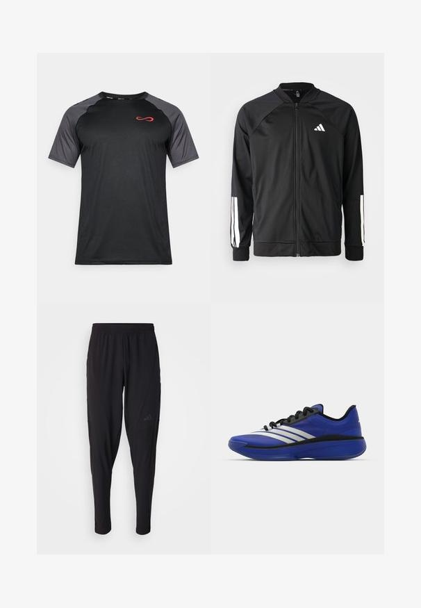 Črna atletska jakna z zadrgo spredaj, raglan rokavi, belo Adidas logo in bele črte na rokavih. Gladek material z elastičnimi manšetami.; Črna kratka športna majica z sivo mrežastimi rokavi in rdečim logotipom na prsih, zasnovana v oprijetem slogu in iz materiala, ki odvaja vlago.; Črne športne hlače z elastiko v pasu, zožanega kroja, stranskimi žepi in diskretnim logotipom. Narejene iz fleksibilnega, zračnega materiala.; adidas Performance ADIZERO SELECT 3.0 - Košarkarski copati - lucid blue/core black/metallic