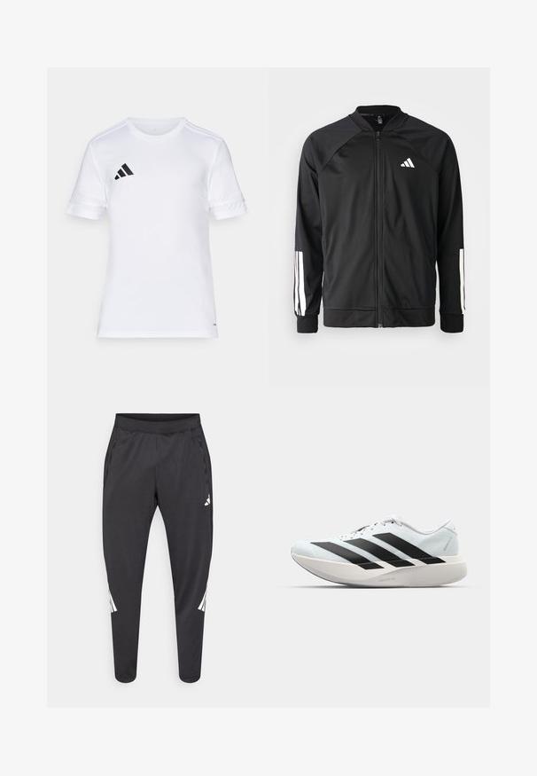 Casaco atlético preto com fecho na frente, mangas raglan, logotipo Adidas branco e riscas brancas nas mangas. Tecido suave com punhos elásticos.; Camisa desportiva branca de mangas curtas com um design em três riscas pretas nos ombros e logo no lado esquerdo do peito. Tecido suave e leve.; Calças atléticas pretas com pernas afiladas, cintura elástica, bolsos laterais e detalhes em logo e riscas brancas. Confeccionadas em material liso e leve.; Tênis de corrida leves em azul pálido com riscas pretas. Apresentam um cabedal liso, bico redondo e uma entressola espessa branca rotulada como "LIGHTSTRIKE PRO."
