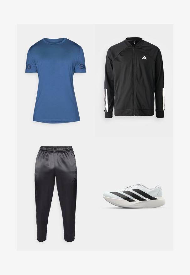 Černá sportovní bunda s předním zipem, raglánovými rukávy, bílým logem Adidas a bílými pruhy na rukávech. Hladká tkanina s elastickými manžetami.; Modré sportovní tričko z hladkého materiálu. Vybaveno kulatým výstřihem a krátkými rukávy, s nápisem "BORG" tištěným černě na levém rukávu.; Černé sportovní kalhoty z hladké, lehké látky s elastickým pasem. Obsahují malé logo na levé straně a zúžené nohavice.; Lehké běžecké boty v světle modré barvě s černými pruhy. Mají hladký svršek, kulatou špičku a silnou bílou mezipodešev označenou "LIGHTSTRIKE PRO."