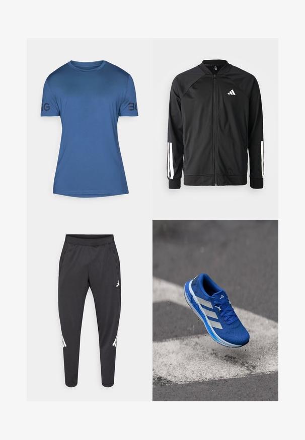 Casaco atlético preto com fecho na frente, mangas raglan, logotipo Adidas branco e riscas brancas nas mangas. Tecido suave com punhos elásticos.; T-shirt atlético azul feito de tecido suave. Apresenta um decote redondo e mangas curtas com "BORG" impresso em preto na manga esquerda.; Calças atléticas pretas com pernas afiladas, cintura elástica, bolsos laterais e detalhes em logo e riscas brancas. Confeccionadas em material liso e leve.; Sapatilha de corrida azul com parte superior em malha texturada, riscas brancas e sola com gradiente azul, exibindo um design leve no ar.