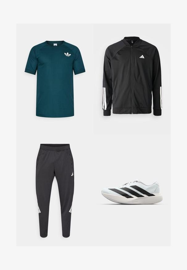 Mustar mustreeritud spordijakk, millel on ees lukuga taskud, raglanvarrukad, valge Adidas logo ja valged triibud varrukatel. Sile kangas elastsete mansettidega.; Tumedal rohelise värvi sportlik T-särk lühikeste raglani varrukatega. Ees vasakul rinnal on valge Adidas'i logo. Sile ja kerge materjal.; Mustad spordipüksid kitsenevate säärtega, kummipaelaga vöökohal, küljetaskutega ning valge logoga ja triipudega. Valmistatud siledast, kerge kaaluga materjalist.; Kerged jooksujalatsid helesinises värvuses mustade triipudega. Omavad siledat pealispinda, ümarat varvase osa ja paksu valget vahemõõtu, millel on silt "LIGHTSTRIKE PRO".