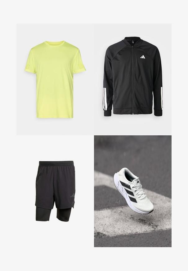 Black athletic jacket with a front zipper, raglan sleeves, white Adidas logo, and white stripes on sleeves. Smooth fabric with elastic cuffs.; Bright yellow, short-sleeved t-shirt featuring a textured fabric. Includes subtle branding on the left sleeve. Classic crew neck design.; Black athletic shorts with integrated inner layer, made from breathable fabric. Features subtle logo and structured texture. Adjustable waistband.; White athletic shoe with textured mesh upper, black stripes, lace closure, and a cushioned sole, levitating above a marked road surface.