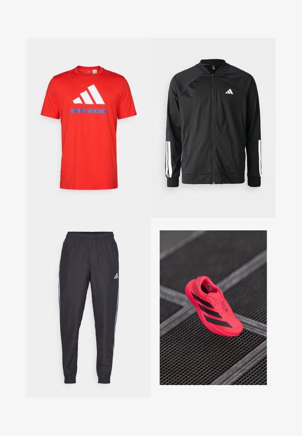 Giacca atletica nera con zip frontale, maniche raglan, logo Adidas bianco e strisce bianche sulle maniche. Tessuto liscio con polsini elasticizzati.; T-shirt in cotone rosso con logo bianco a tre strisce e "BAYERN MÜNCHEN" in blu. Collo rotondo e maniche corte, design semplice.; Pantaloni sportivi neri con cintura elastica, dotati di strisce bianche lungo i lati e un piccolo logo sull'anca. Tessuto liscio.; Scarpa da corsa rosa brillante con strisce nere, realizzata in materiale a rete leggero, con suola testurizzata e design con lacci.