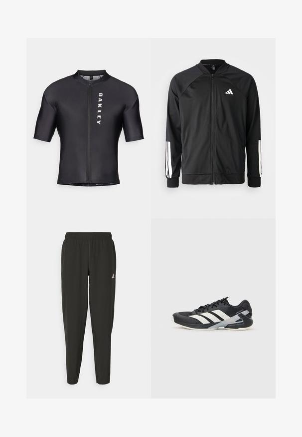 Black athletic jacket with a front zipper, raglan sleeves, white Adidas logo, and white stripes on sleeves. Smooth fabric with elastic cuffs.; Short-sleeve cycling jersey made of black, smooth fabric. Features a front zipper and "OAKLEY" printed in white on the left side.; Black athletic pants with an elastic waistband, slim fit, and white logo on the left leg. Smooth, lightweight fabric.; Black athletic shoe with white stripes, mesh upper, rounded toe, and cushioned sole. Features a textured heel and secure lacing system.