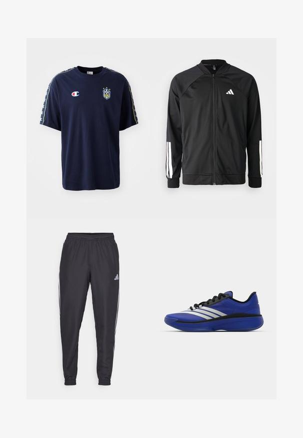 Casaco atlético preto com fecho na frente, mangas raglan, logotipo Adidas branco e riscas brancas nas mangas. Tecido suave com punhos elásticos.; T-shirt azul-marinho de manga curta, feito de algodão, com o logótipo da Champion, emblema de um clube de futebol e detalhes estampados nas mangas.; Calças atléticas pretas com um cós elástico, apresentando riscas brancas nas laterais e um pequeno logótipo no quadril. Textura suave.; adidas Performance ADIZERO SELECT 3.0 - Sapatilhas de basquetebol - lucid blue/core black/metallic