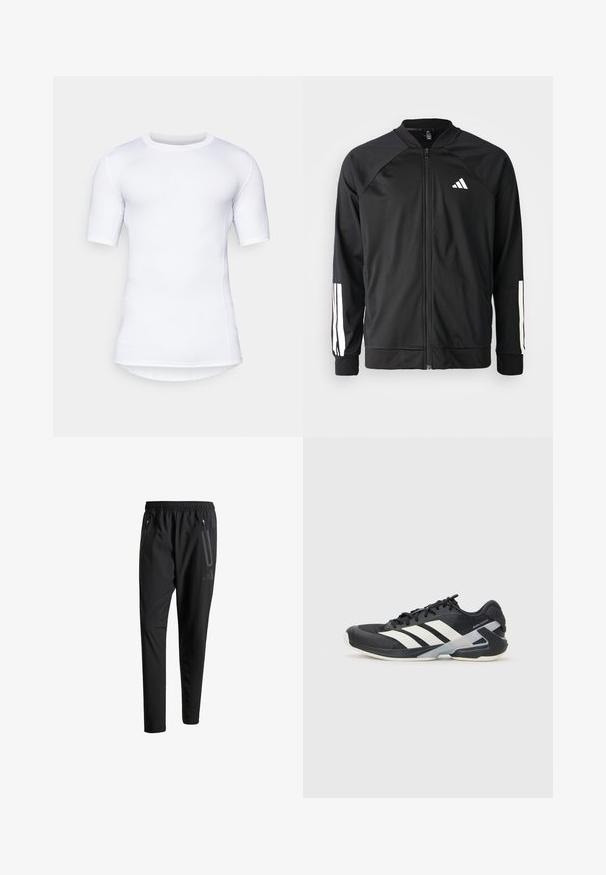 Black athletic jacket with a front zipper, raglan sleeves, white Adidas logo, and white stripes on sleeves. Smooth fabric with elastic cuffs.; White short-sleeve performance shirt made from stretchy material. Features a round neck and flat seams for comfort and a fitted design.; Black athletic pants with an elastic waistband, two zippered side pockets, tapered legs, and a subtle logo detail on the hip.; Black athletic shoe with white stripes, mesh upper, rounded toe, and cushioned sole. Features a textured heel and secure lacing system.