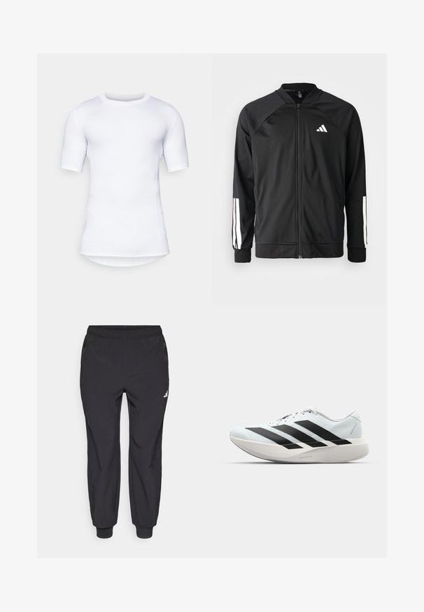 Jachetă sport neagră, cu fermoar frontal, mâneci raglan, logo Adidas alb și dungi albe pe mâneci. Material neted, cu manșete elastice.; Cămașă de performanță cu mânecă scurtă, de culoare albă, realizată din material elastic. Are guler rotund și cusături plate pentru confort, având un design ajustat.; Pantaloni sport negri cu talie elastică, două buzunare laterale cu fermoar, glezne conice și un mic logo alb pe partea superioară a coapsei stângi.; Pantofi de alergare ușori în albastru deschis cu dungi negre. Au un superior neted, vârf rotund și o intermediară groasă albă etichetată "LIGHTSTRIKE PRO."