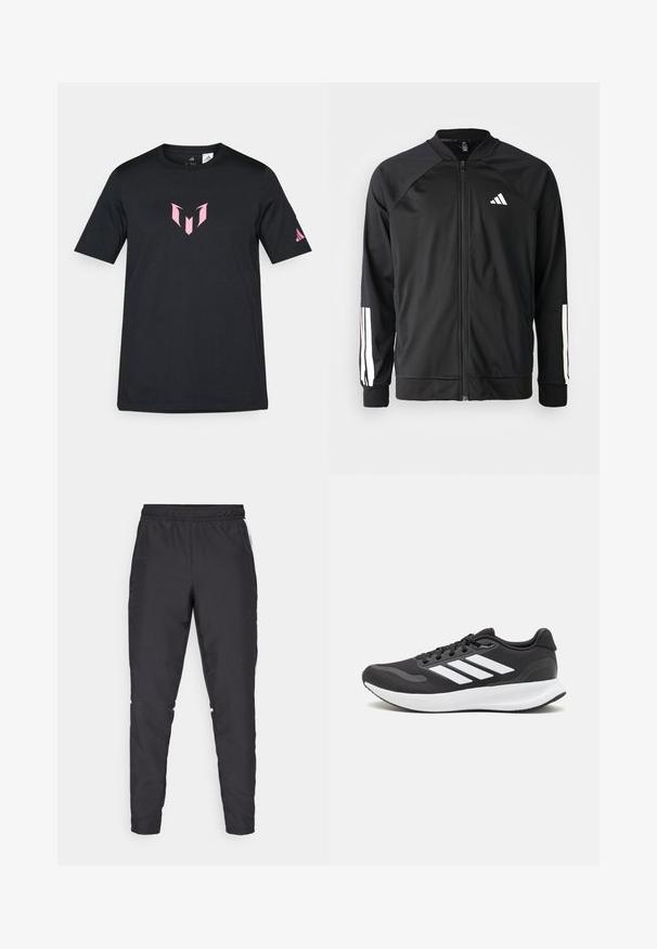 Crna sportska jakna s prednjim zatvaračem, raglan rukavima, bijelim Adidas logom i bijelim prugama na rukavima. Glatka tkanina s elastičnim manžetama.; Crna majica s kratkim rukavima od pamuka, s ružičastim geometrijskim logom na prsima i Adidas logom na rukavu.; Crne atletske hlače s elastičnim strukom, sužavajućim nogavicama i bijelim bočnim naglascima. Izrađene od sintetičkog materijala s glatkom teksturom.; Crne atletske tenisice s prozračnom mrežicom na gornjem dijelu, bijelim akcentima i mekanim potplatom. Imaju logo s tri pruge sa strane.