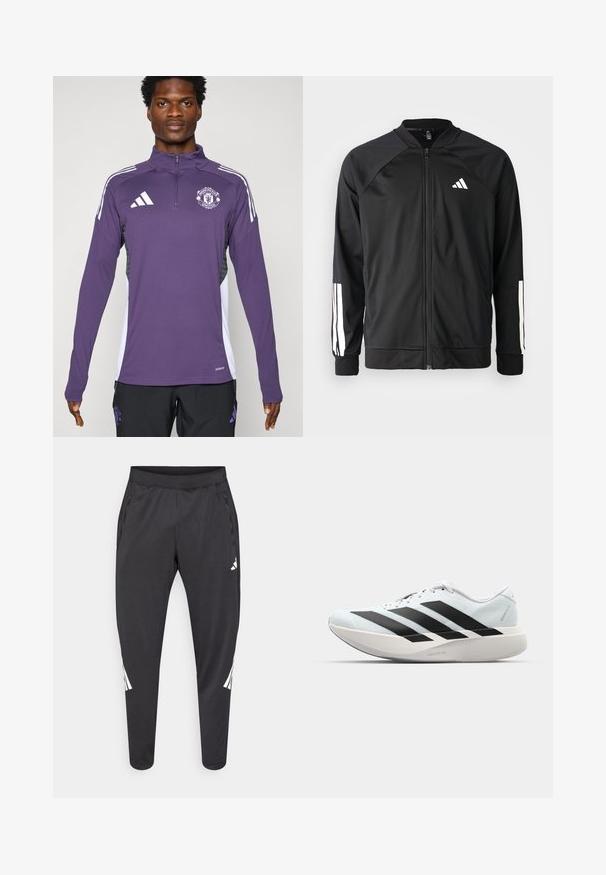 Μαύρο αθλητικό μπουφάν με μπροστινό φερμουάρ, ραγλανικά μανίκια, λευκό λογότυπο Adidas και λευκές ρίγες στα μανίκια. Λείο ύφασμα με ελαστικά μανίκια.; Μωβ αθλητική ζακέτα με φερμουάρ στον γιακά, που διαθέτει λευκές ρίγες στους ώμους και το λογότυπο της Manchester United. Κατασκευασμένη από μαλακό, ελαφρύ υλικό.; Μαύρο αθλητικό παντελόνι με στενά πόδια, ελαστική μέση, πλαϊνές τσέπες, λευκό λογότυπο και ρίγες. Κατασκευασμένο από λείο, ελαφρύ υλικό.; Ελαφριά αθλητικά παπούτσια τρεξίματος σε ανοιχτό μπλε με μαύρες ρίγες. Διαθέτουν λείο άνω μέρος, στρογγυλή μύτη και παχύ λευκό ενδιάμεσο πέλμα που φέρει την ετικέτα "LIGHTSTRIKE PRO."