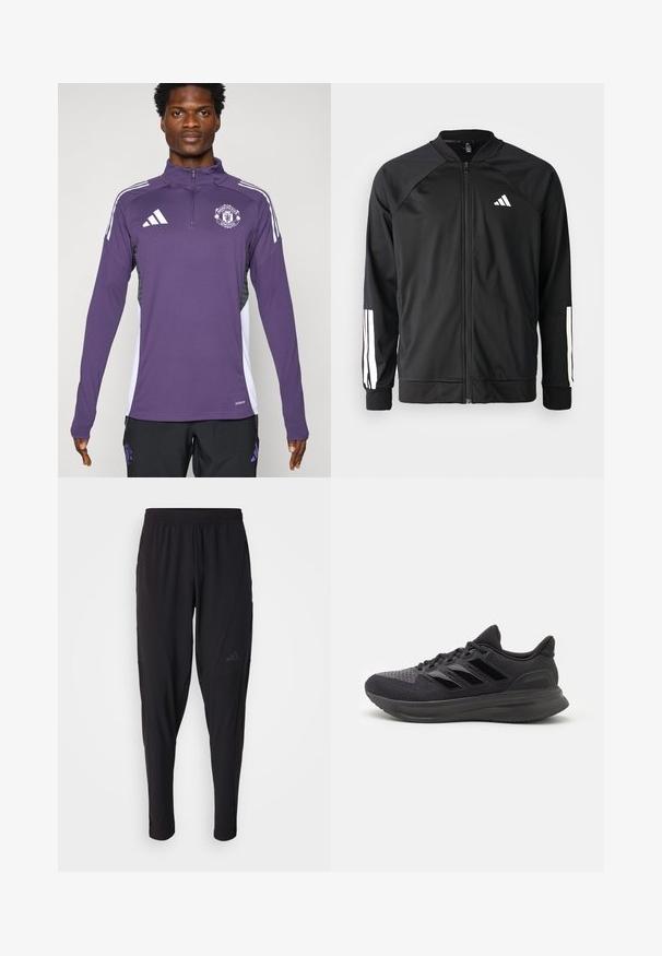 Schwarze Sportjacke mit einem Frontreißverschluss, Raglanärmeln, weißem Adidas-Logo und weißen Streifen an den Ärmeln. Glattes Gewebe mit elastischen Bündchen.; Lila Sportjacke mit Reißverschlusskragen, mit weißen Schulterstreifen und dem Manchester United-Logo. Hergestellt aus glattem, leichtem Material.; Schwarze Sporthosen mit elastischem Bund, tailliertem Design, Seitentaschen und dezenten Logo-Details. Hergestellt aus flexiblem, atmungsaktivem Material.; Schwarzer Sportschuh mit strukturiertem Obermaterial aus Stoff, Gummisohle und drei glänzenden schwarzen Streifen an der Seite. Abgerundete Zehenpartie und gepolsterte Ferse.