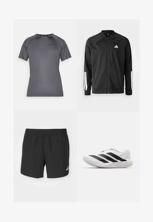 Black athletic jacket with a front zipper, raglan sleeves, white Adidas logo, and white stripes on sleeves. Smooth fabric with elastic cuffs.; Endless FEISTY HEXAGON - Print T-shirt - titanium; Black athletic shorts with an elastic waistband, side slits, and reflective logo accents. Made of lightweight, smooth fabric.; Lightweight running shoes in pale blue with black stripes. Features a smooth upper, round toe, and thick white midsole labeled "LIGHTSTRIKE PRO."