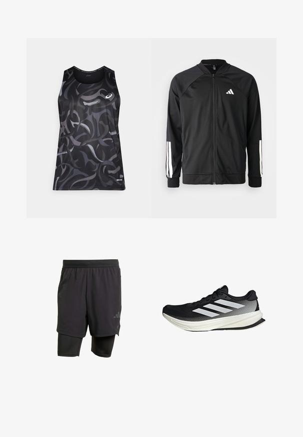 Black athletic jacket with a front zipper, raglan sleeves, white Adidas logo, and white stripes on sleeves. Smooth fabric with elastic cuffs.; Black athletic tank top with swirling grey and dark patterns. Features a round neckline and a small logo on the front left. Smooth texture.; Black athletic shorts with integrated inner layer, made from breathable fabric. Features subtle logo and structured texture. Adjustable waistband.; Black athletic shoe with a mesh design, featuring white stripes, a rounded toe, and a textured sole for grip and support.