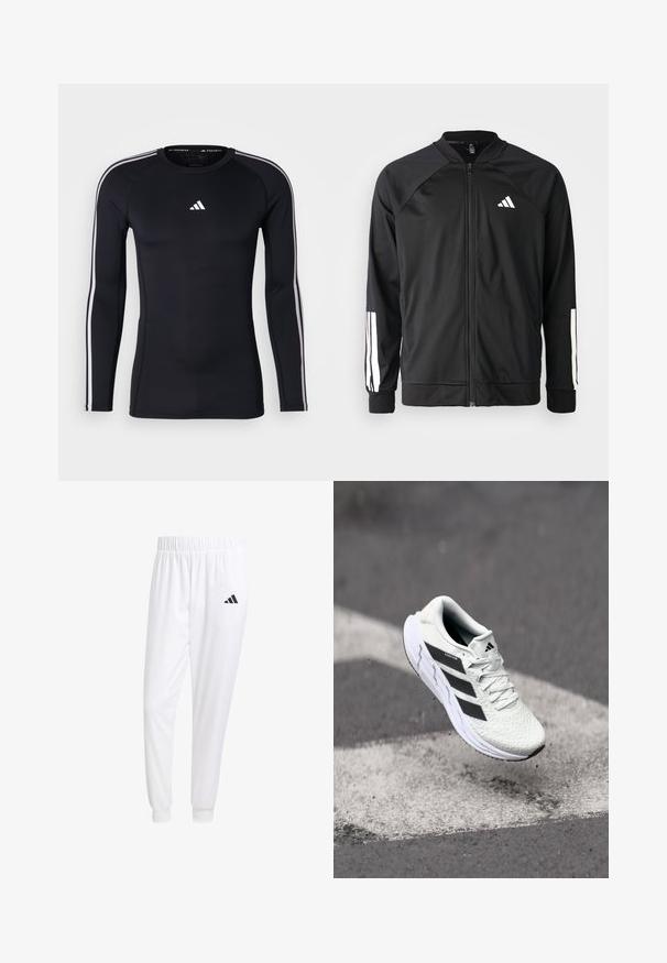 Jachetă sport neagră, cu fermoar frontal, mâneci raglan, logo Adidas alb și dungi albe pe mâneci. Material neted, cu manșete elastice.; Tricou sportiv negru cu maneci lungi, cu un design ajustat. Include un logo Adidas alb pe piept și dungi albe pe umeri.; Pantaloni sport albi dintr-un material neted, cu un brâu elastic și mansete ajustate, având un logo negru pe buzunarul din spate.; Adidași albi cu partea superioară din plasă texturată, dungi negre, închidere cu șireturi și talpă căptușită, levitând deasupra unei suprafețe de drum marcate.