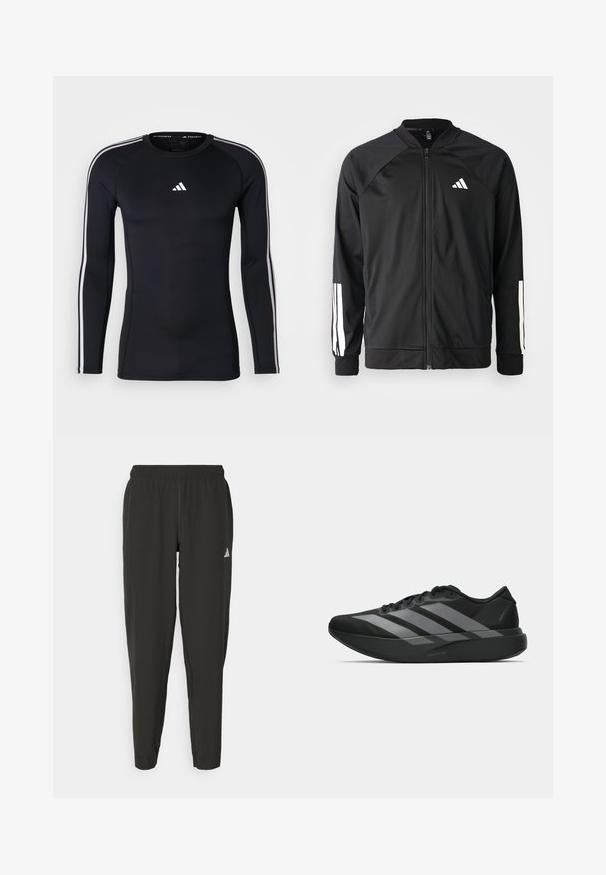 Zwarte sportjack met een rits aan de voorkant, raglanmouwen, wit Adidas-logo en witte strepen op de mouwen. Gladde stof met elastische manchetten.; Zwart atletisch shirt met lange mouwen en een getailleerd ontwerp. Kenmerkt zich door een wit Adidas-logo op de borst en witte strepen langs de schouders.; Zwarte sportbroek met een elastische tailleband, slim fit en een wit logo op het linkerbeen. Soepele, lichte stof.; Zwarte sportieve schoenen met een lichtgewicht ontwerp, voorzien van drie opvallende grijze strepen, een gladde textuur en een gevormde zool.