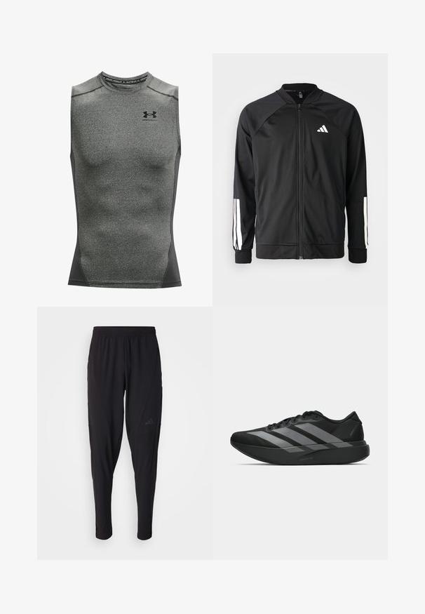 Zwarte sportjack met een rits aan de voorkant, raglanmouwen, wit Adidas-logo en witte strepen op de mouwen. Gladde stof met elastische manchetten.; Mannelijk mouwloos sportshirt, gemaakt van donkergrijs vochtafvoerend materiaal, heeft een ronde halslijn en een Under Armour-logo op de borst.; Zwarte sportbroek met een elastische tailleband, taps toelopend ontwerp, zijzakken en subtiele logodetails. Gemaakt van flexibele, ademende stof.; Zwarte sportieve schoenen met een lichtgewicht ontwerp, voorzien van drie opvallende grijze strepen, een gladde textuur en een gevormde zool.