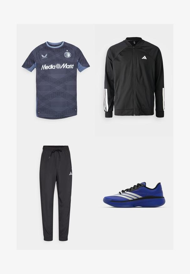 Černá sportovní bunda s předním zipem, raglánovými rukávy, bílým logem Adidas a bílými pruhy na rukávech. Hladká tkanina s elastickými manžetami.; Tmavě modrý fotbalový dres s krátkými rukávy, se geometrickým vzorem, kulatým výstřihem a logem "Media Markt" na přední straně.; Černé sportovní kalhoty vyrobené z lehkého materiálu, s elastickým pasem, šňůrkou na stažení a malým bílým logem na boku.; adidas Performance ADIZERO SELECT 3.0 - Basketbalové boty - lucid blue/core black/metallic