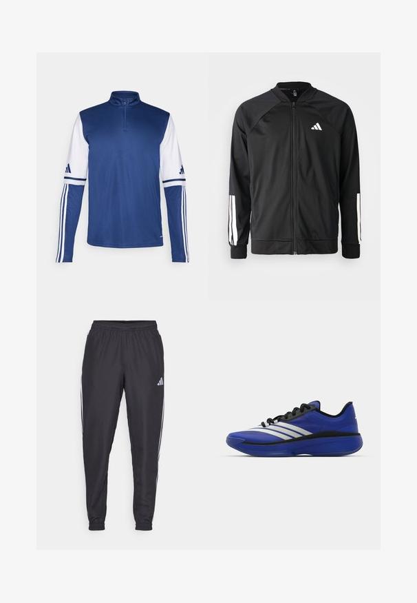 Czarna kurtka sportowa z zamkiem z przodu, raglanowymi rękawami, białym logo Adidas oraz białymi paskami na rękawach. Gładki materiał z elastycznymi mankietami.; Niebieski sportowy pulower z kołnierzem typu quarter-zip, długimi białymi rękawami z granatowymi akcentami oraz trzema białymi paskami na każdym rękawie.; Czarne spodnie sportowe z elastycznym paskiem w talii, z białymi paskami po bokach i małym logo na biodrze. Gładka faktura.; adidas Performance ADIZERO SELECT 3.0 niebieski