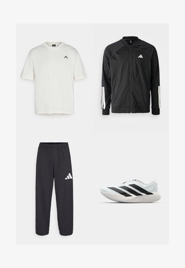 Schwarze Sportjacke mit einem Frontreißverschluss, Raglanärmeln, weißem Adidas-Logo und weißen Streifen an den Ärmeln. Glattes Gewebe mit elastischen Bündchen.; adidas Performance ANTHONY ADWARDS ANTED TEE - Sport T-Shirt - cloud white; Schwarze Jogginghose mit entspannter Passform, ausgestattet mit einem elastischen Bund und einem weißen geometrischen Logo am linken Bein. Glatte Stoffoberfläche.; Leichte Laufschuhe in hellblau mit schwarzen Streifen. Sie verfügen über ein glattes Obermaterial, eine runde Zehenpartie und eine dicke weiße Zwischensohle, die mit "LIGHTSTRIKE PRO" beschriftet ist.