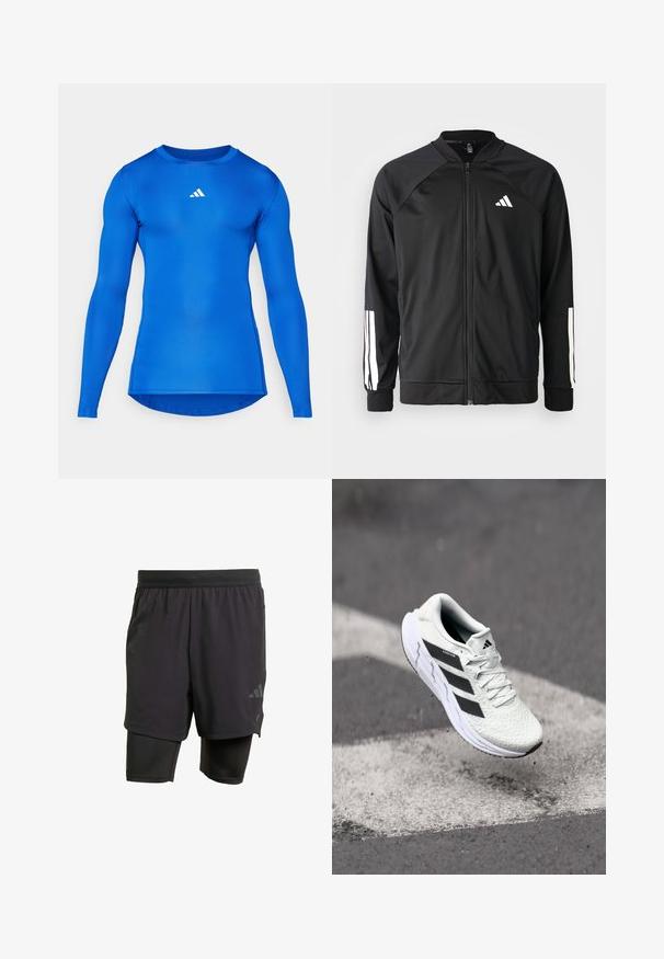 Melna sporta jaka ar priekšējo rāvējslēdzēju, raglanu piedurknēm, baltu Adidas logo un baltām svītrām uz piedurknēm. Gluda auduma sastāvs ar elastīgām aprocēm.; Garās piedurknes sporta krekls vienkāršā zilā krāsā, izgatavots no elastīgas auduma. Tam ir apaļa kakla izgriezuma forma un neliels balts logotips uz krūškurvja.; Melni sporta šorti ar iebūvētu iekšējo slāni, izgatavoti no elpojoša auduma. Iekļautas diskrētas logotipa detalizācijas un strukturēta tekstūra. Regulējama jostasvieta.; Baltas sporta apavs ar teksturētu sietu augšu, melnām svītrām, auklu aizdari un mīkstu zoli, kas levitē virs marķētas ceļa virsmas.