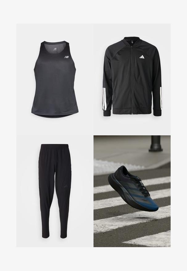 Svart treningsjakke med frontglidelås, raglanermer, hvit Adidas-logo og hvite striper på ermene. Glatt stoff med elastiske mansjetter.; Svart treningstopp i fukttransporterende stoff, med rund hals og subtil ribbestruktur, og med en hvit logo på brystet.; Svarte treningsbukser med elastisk midje, smal design, sidelommer og subtil logo. Laget av fleksibelt, pustende stoff.; Svart og blå atletisk sko med en strømlinjeformet utforming, som har en teksturert overdel, kontrasterende striper og en polstret såle, svevende over fortauet.