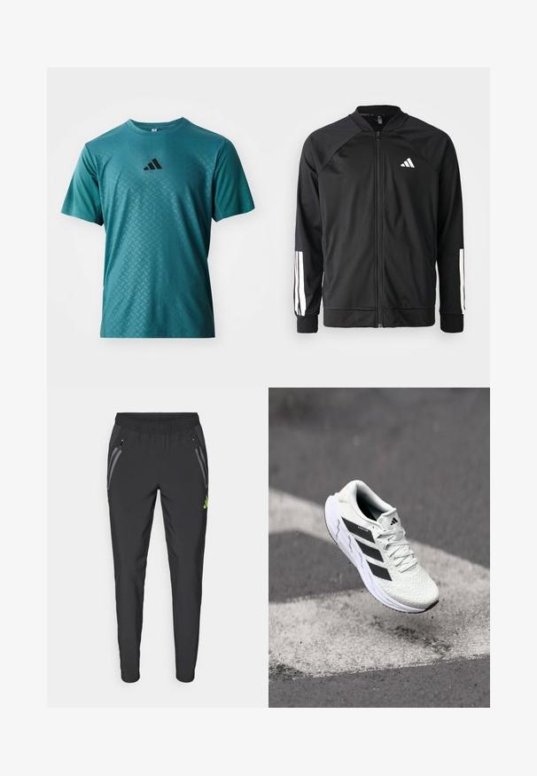 Chaqueta deportiva negra con cremallera frontal, mangas raglán, logo de Adidas en blanco y rayas blancas en las mangas. Tejido suave con puños elásticos.; adidas Performance POWER TEE - Camiseta deportiva - preloved teal; adidas Performance REAL MADRID TIRO25 PRO VIS TECH TRAVEL PANT - Equipación de clubes - black/lucid lemon; Zapatilla deportiva blanca con parte superior de malla texturizada, rayas negras, cierre de cordones y suela acolchada, levitando sobre una superficie de carretera marcada.