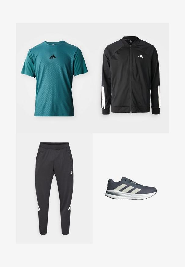 Black athletic jacket with a front zipper, raglan sleeves, white Adidas logo, and white stripes on sleeves. Smooth fabric with elastic cuffs.; adidas Performance POWER TEE - Sports T-shirt - preloved teal; Black athletic pants with tapered legs, elastic waistband, side pockets, and white logo and stripes detailing. Made from a smooth, lightweight material.; Athletic shoes with a breathable navy mesh upper, three white diagonal stripes, a cushioned white sole, and a textured gray outsole.