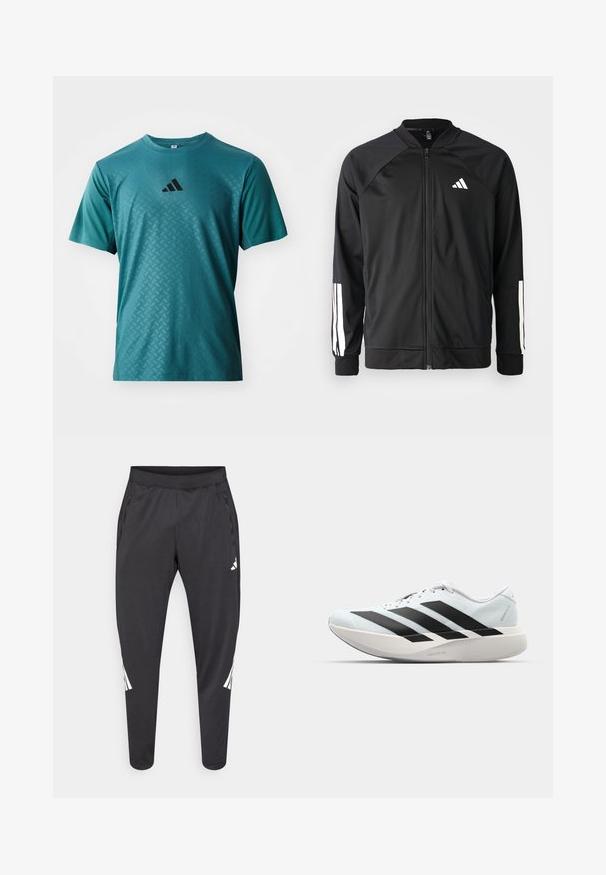 Black athletic jacket with a front zipper, raglan sleeves, white Adidas logo, and white stripes on sleeves. Smooth fabric with elastic cuffs.; adidas Performance POWER TEE - Sports T-shirt - preloved teal; Black athletic pants with tapered legs, elastic waistband, side pockets, and white logo and stripes detailing. Made from a smooth, lightweight material.; Lightweight running shoes in pale blue with black stripes. Features a smooth upper, round toe, and thick white midsole labeled "LIGHTSTRIKE PRO."