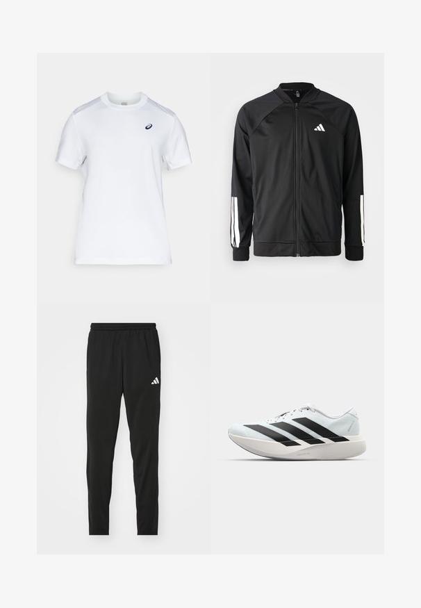 Černá sportovní bunda s předním zipem, raglánovými rukávy, bílým logem Adidas a bílými pruhy na rukávech. Hladká tkanina s elastickými manžetami.; Bílé sportovní tričko vyrobené z lehkého a prodyšného materiálu. Má krátké rukávy, kulatý výstřih a malé námořnické logo na prsou.; Černé sportovní kalhoty s elastickým pasem, zúženým střihem a bílým logem Adidas na levém stehně. Hladká, lehká tkanina.; Lehké běžecké boty v světle modré barvě s černými pruhy. Mají hladký svršek, kulatou špičku a silnou bílou mezipodešev označenou "LIGHTSTRIKE PRO."