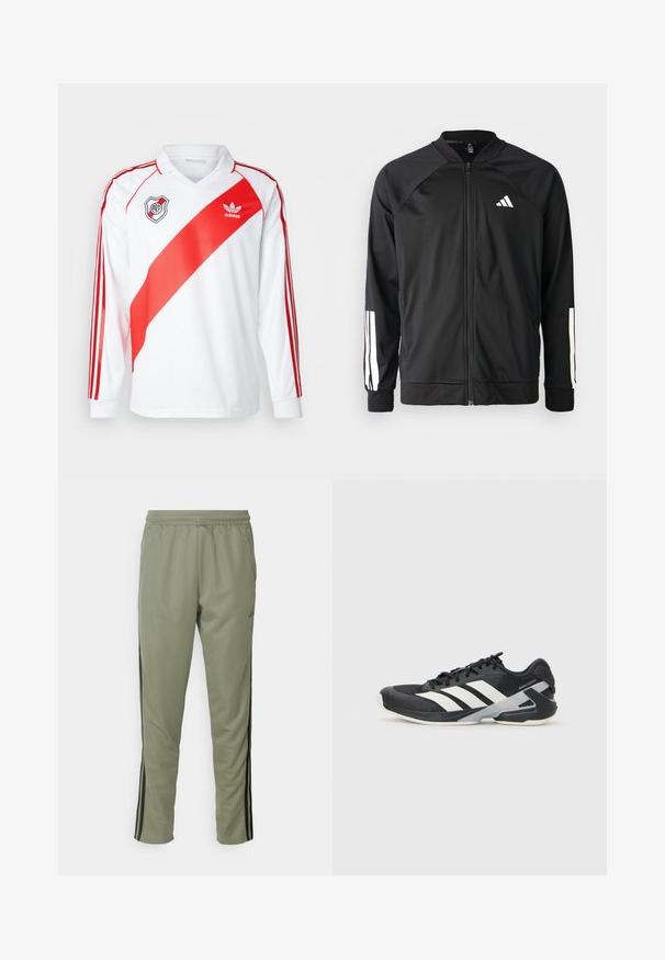 Melna sporta jaka ar priekšējo rāvējslēdzēju, raglanu piedurknēm, baltu Adidas logo un baltām svītrām uz piedurknēm. Gluda auduma sastāvs ar elastīgām aprocēm.; adidas Originals RIVER PLATE JERSEY 94 - Kluba apģērbs - white/red; adidas Performance TRAIN ESSENTIALS 3-STRIPES - Treniņtērpa apakšdaļas - silver pebble/black; Melnas sporta kurpes ar baltām svītrām, acs augšdaļa, noapaļots pirksts un mīksts zole. Iespējams ar teksturētu papēdi un drošu šņoru sistēmu.