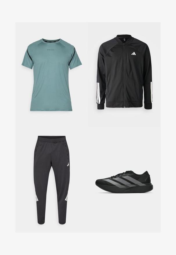 Veste de sport noire avec fermeture éclair à l'avant, manches raglan, logo Adidas blanc et bandes blanches sur les manches. Tissu lisse avec des poignets élastiques.; Endless APHEX - T-shirt de sport - cypress; Pantalon de sport noir à jambes fuselées, taille élastique, poches latérales, avec un logo blanc et des détails à rayures. Confectionné dans un matériau lisse et léger.; Chaussures de sport noires au design léger, présentant trois rayures grises marquées, une texture lisse et une semelle profilée.