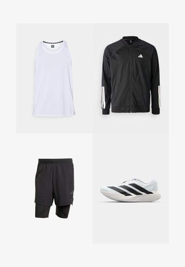 Chaqueta deportiva negra con cremallera frontal, mangas raglán, logo de Adidas en blanco y rayas blancas en las mangas. Tejido suave con puños elásticos.; Camiseta deportiva blanca de tirantes, con tejido texturizado, escote redondo, amplias sisas y detalle de botón en el hombro.; Bermudas deportivas negras con capa interior integrada, hechas de un tejido transpirable. Presentan un logo sutil y una textura estructurada. Cintura ajustable.; Zapatillas de running ligeras en azul pálido con rayas negras. Presentan una parte superior suave, puntera redonda y una gruesa mediasuela blanca etiquetada como "LIGHTSTRIKE PRO".