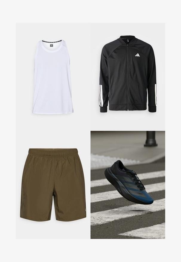 Black athletic jacket with a front zipper, raglan sleeves, white Adidas logo, and white stripes on sleeves. Smooth fabric with elastic cuffs.; White athletic tank top with a textured fabric, round neckline, wide armholes, and button detail on the shoulder.; Olive green athletic shorts with an elastic waistband, smooth texture, and side seam pockets. Features a small logo on the side.; Black and blue athletic shoe with a streamlined design, featuring a textured upper, contrasting stripes, and a cushioned sole, hovering over pavement.