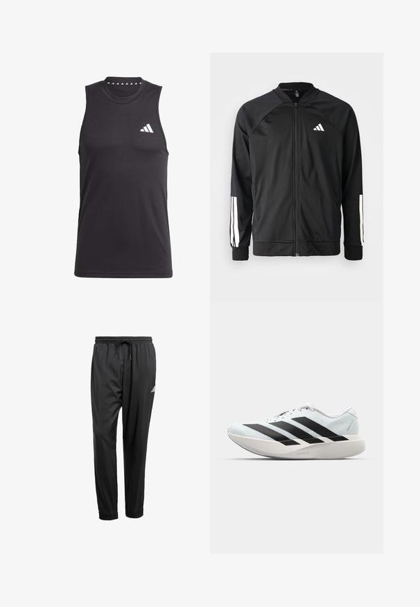 Schwarze Sportjacke mit einem Frontreißverschluss, Raglanärmeln, weißem Adidas-Logo und weißen Streifen an den Ärmeln. Glattes Gewebe mit elastischen Bündchen.; Schwarzes ärmelloses Sporttanktop aus glattem Stoff, mit Rundhalsausschnitt und einem weißen Logo im linken Brustbereich.; Schwarze Sporthose mit elastischem Bund, Kordelzug, Bündchen an den Knöcheln und einem kleinen weißen Logo am rechten Oberschenkel.; Leichte Laufschuhe in hellblau mit schwarzen Streifen. Sie verfügen über ein glattes Obermaterial, eine runde Zehenpartie und eine dicke weiße Zwischensohle, die mit "LIGHTSTRIKE PRO" beschriftet ist.