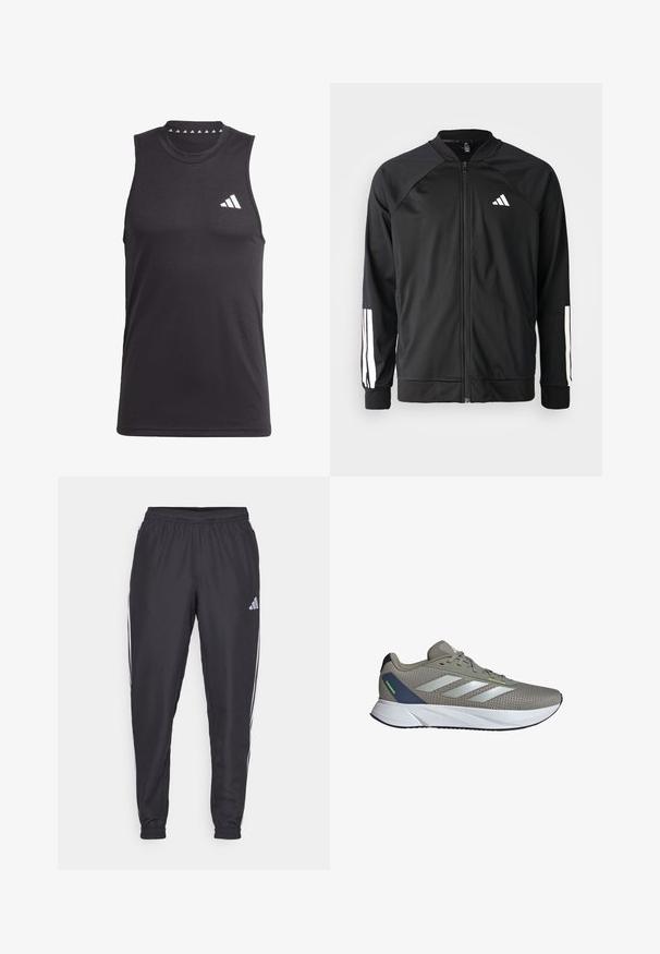 Zwarte sportjack met een rits aan de voorkant, raglanmouwen, wit Adidas-logo en witte strepen op de mouwen. Gladde stof met elastische manchetten.; Zwarte mouwloze sport tanktop van gladde stof, met een ronde halslijn en een wit logo op de linkerborst.; Zwarte sportieve broek met een elastische tailleband, voorzien van witte strepen aan de zijkanten en een klein logo op de heup. Gladde textuur.; Hardloopschoen in grijs mesh met zilveren accenten, voorzien van een gepolsterde tong, vetersluiting en een witte gevoerde zool.