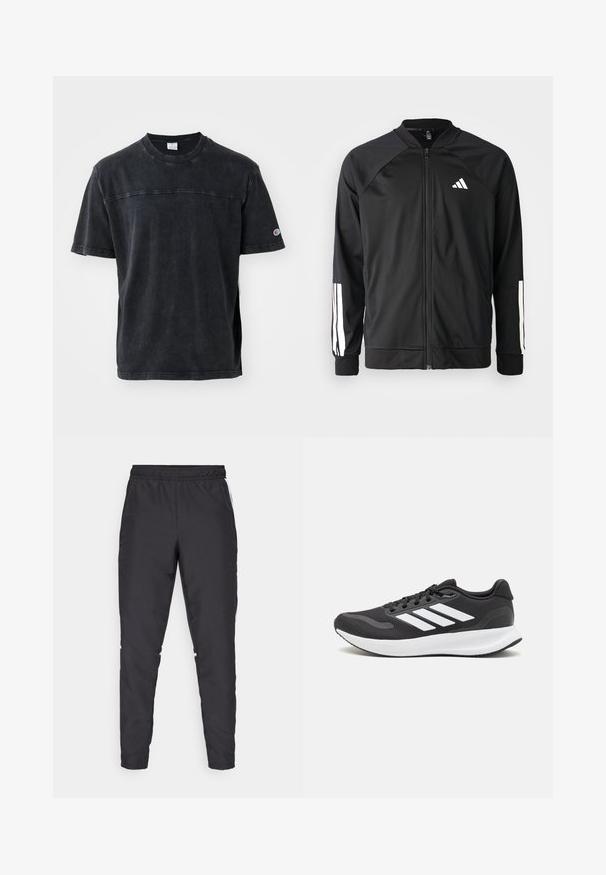 Czarna kurtka sportowa z zamkiem z przodu, raglanowymi rękawami, białym logo Adidas oraz białymi paskami na rękawach. Gładki materiał z elastycznymi mankietami.; Czarny t-shirt z krótkim rękawem wykonany z bawełny, z okrągłym dekoltem, subtelnym logo na piersi i kontrastowym przeszyciem wzdłuż ramion.; Czarne spodnie sportowe z elastycznym mankietem, zwężanymi nogawkami i białymi akcentami po bokach. Wykonane z materiału syntetycznego o gładkiej fakturze.; Czarne buty sportowe z oddychającą siateczką, białymi akcentami i wyściełaną podeszwą. Posiadają logo w postaci trzech pasków po boku.