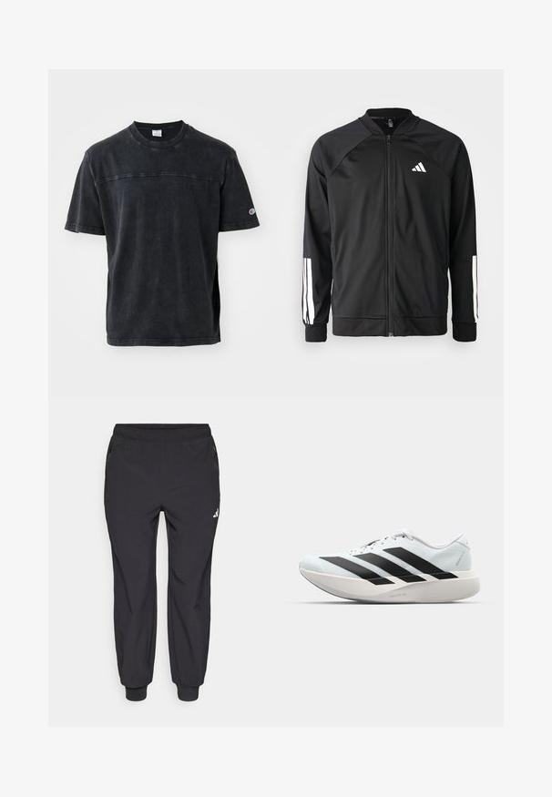 Μαύρο αθλητικό μπουφάν με μπροστινό φερμουάρ, ραγλανικά μανίκια, λευκό λογότυπο Adidas και λευκές ρίγες στα μανίκια. Λείο ύφασμα με ελαστικά μανίκια.; Μαύρο κοντομάνικο μπλουζάκι από βαμβάκι, με στρογγυλή λαιμόκοψη, διακριτική λεπτομέρεια λογοτύπου στο στήθος και αντίθετες ραφές στους ώμους.; Μαύρο αθλητικό παντελόνι με ελαστική μέση, δύο πλαϊνές τσέπες με φερμουάρ, στενά μπατζάκια και μικρό λευκό λογότυπο στο επάνω αριστερό μπροστινό μέρος του μηρού.; Ελαφριά αθλητικά παπούτσια τρεξίματος σε ανοιχτό μπλε με μαύρες ρίγες. Διαθέτουν λείο άνω μέρος, στρογγυλή μύτη και παχύ λευκό ενδιάμεσο πέλμα που φέρει την ετικέτα "LIGHTSTRIKE PRO."