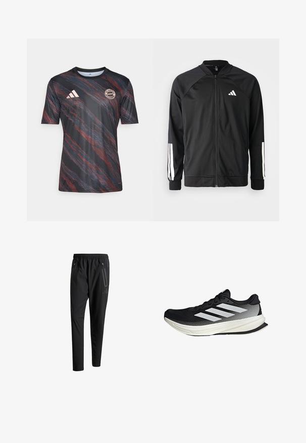 Zwarte sportjack met een rits aan de voorkant, raglanmouwen, wit Adidas-logo en witte strepen op de mouwen. Gladde stof met elastische manchetten.; Zwart-rood gestreepte t-shirt met korte mouwen en ronde hals, met het Adidas-logo en het Bayern München-embleem op de borst.; Zwarte sportbroeken met een elastische tailleband, twee ritszakken aan de zijkant, taps toelopende pijpen en een subtiele logo-detail op de heup.; Zwarte sportieve schoen met een mesh ontwerp, voorzien van witte strepen, een ronde neus en een gestructureerde zool voor grip en ondersteuning.