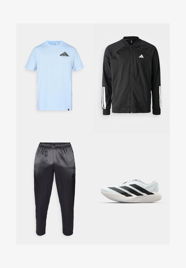 Casaco atlético preto com fecho na frente, mangas raglan, logotipo Adidas branco e riscas brancas nas mangas. Tecido suave com punhos elásticos.; adidas Performance T-shirt desportiva - glow blue; Calças atléticas pretas feitas de um tecido leve e suave com um cós elástico. Apresenta um pequeno logótipo no lado esquerdo e pernas ajustadas.; Tênis de corrida leves em azul pálido com riscas pretas. Apresentam um cabedal liso, bico redondo e uma entressola espessa branca rotulada como "LIGHTSTRIKE PRO."