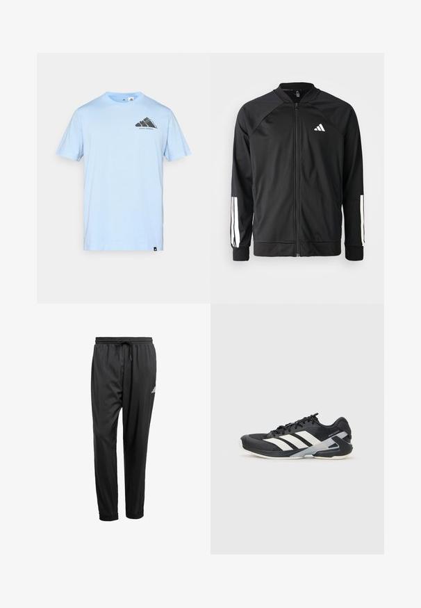 Svart treningsjakke med frontglidelås, raglanermer, hvit Adidas-logo og hvite striper på ermene. Glatt stoff med elastiske mansjetter.; adidas Performance T-skjorte til trening - glow blue; Svarte treningsbukser med elastisk linning, snor, mansjetter på anklene og en liten hvit logo på høyre lår.; Svart treningssko med hvite striper, mesh-overdel, avrundet tå og polstret såle. Har en teksturert hæl og et sikkert snøresystem.